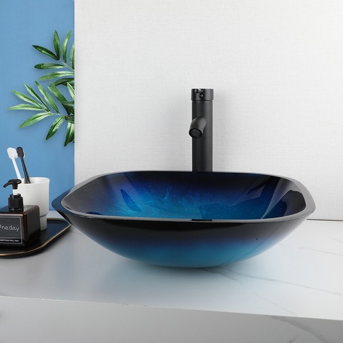 US Blue Bathroom Vessel Sink Square Tempered Glass Basin Mixer Black Drain Taps - Picture 9 of 13