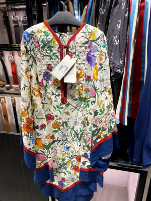 knee length dresses for ladies Gucci // Linen Floral Asymmetric Dress – VSP Consignment main image 0