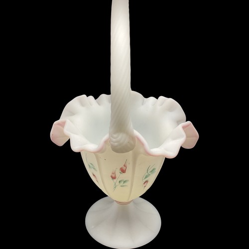 Fenton Rose Garden White Satin Ruffled Rim Basket With Pink Trim Signed Mint - Picture 2 of 15