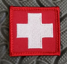 White Cross Patch On Red Field w/ Hook Backing - Switzerland / First Aid / Medic