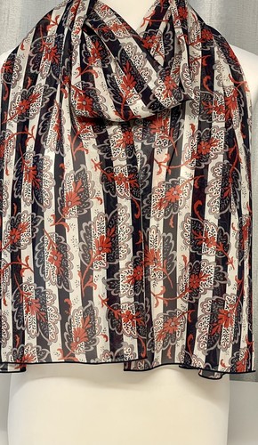 100% Mulberry Silk Scarf Georgette Chiffon Red Flowers Navy White 60x190cm - Picture 2 of 8