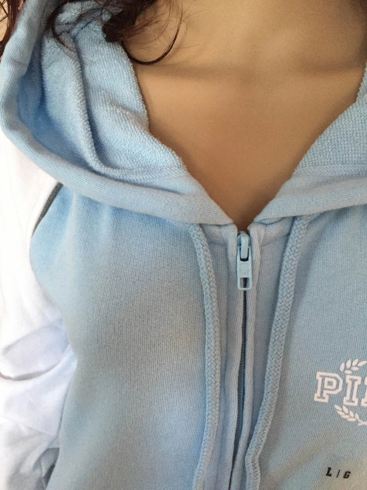 UNDERCOVER Felpa con cappuccio Victorias's Secret ROSA perfetta cerniera intera grande giacca blu bianca