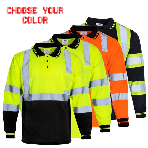 Hi Vis Polo Shirt ANSI Reflective Safety Long Sleeve HIGH VISIBILITY - product listing photo