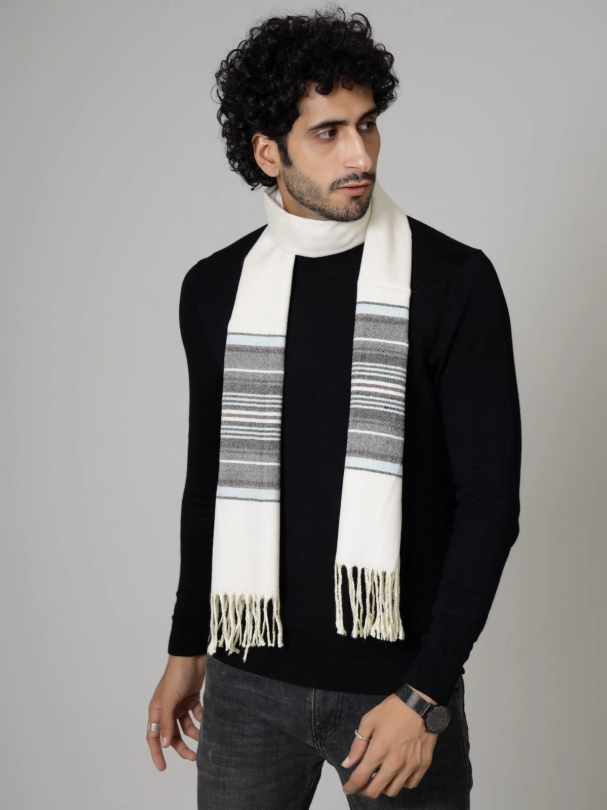 Mens Womens Winter Warm INDIA Made 100% CASHMERE Scarf Scarves Stripe Wool White