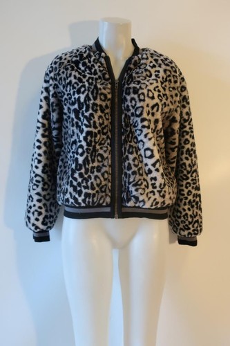 NWT Womens Lavender Brown Gray Black Animal Print Faux Fur Bomber Jacket M * - Picture 3 of 9