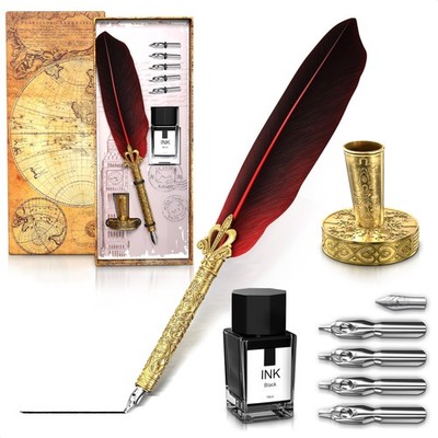 Red Feather Quill Pen and Ink Set - 11.4'' Antique Feather Pen and Ink Set,Callig