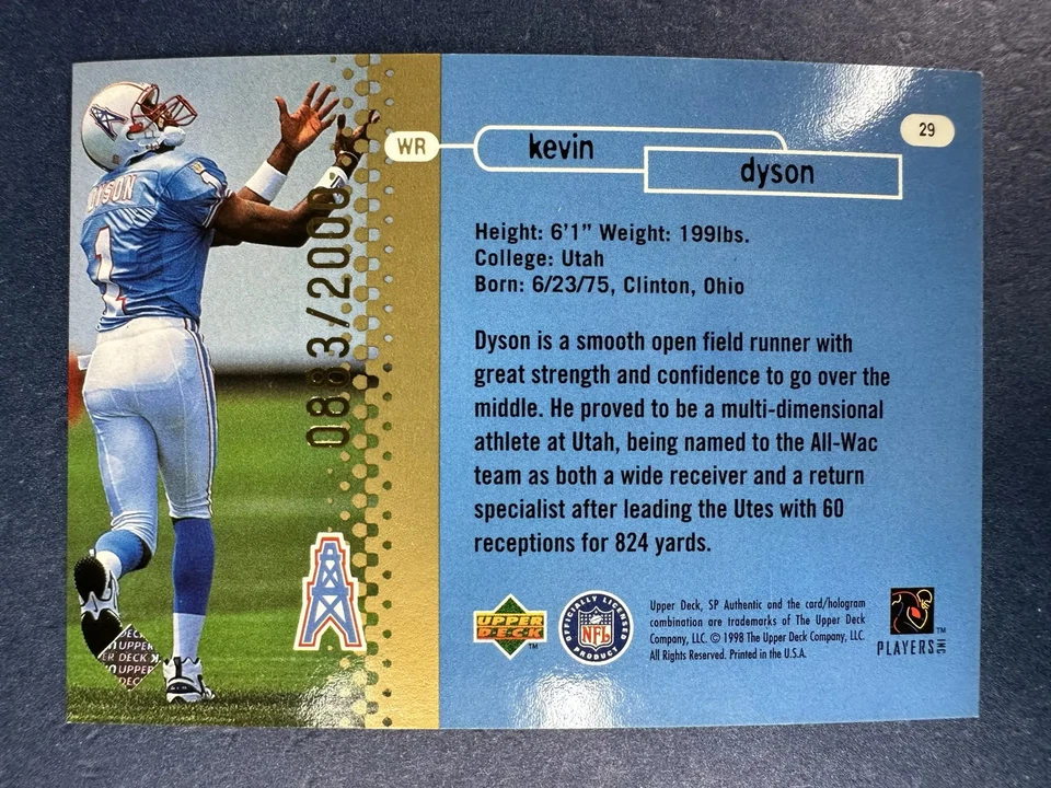 1998 SP Authentic #29 Kevin Dyson Houston Oilers /2000 RC - Image 2 of 2