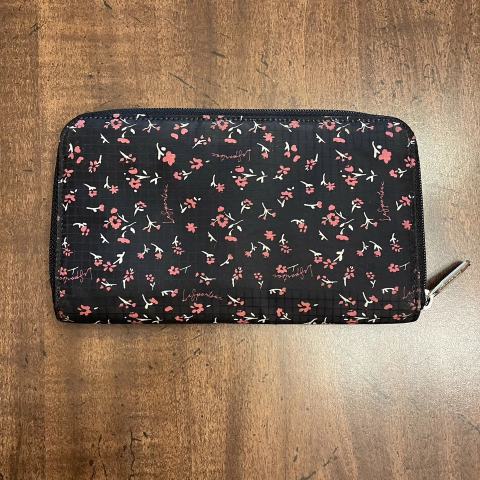 Cartera LeSportsac negra/rosa flor cremallera alrededor Foto 2 de 4