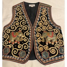Carol Horn Workshop Womens Black Cotton Embroidered Sequin Elephant Vest Boho