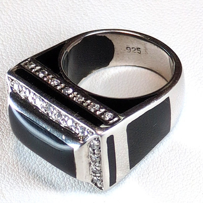Geometric Tuxedo Black Enamel CZ Accent Sterling 925 Bold Statement Heavy Ring