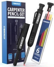 Deep Hole Marker – Carpenter Pencil with Built-In Sharpener 7 Refills 3 Black...