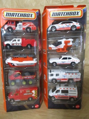 (2)  Matchbox Fire & Rescue 5-packs  in Red & White   1:64 scale diecast