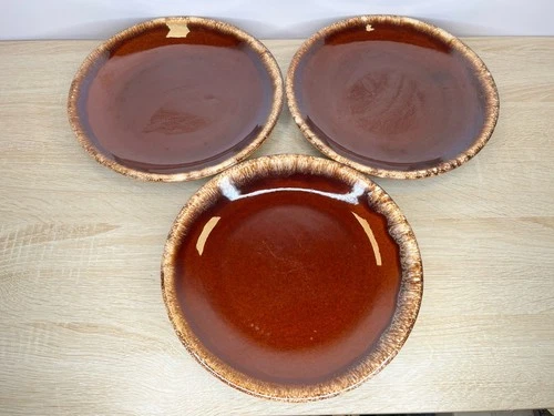Set 3 Vintage Hull Pottery Brown Drip Oven Proof Plates 10.5" MCM