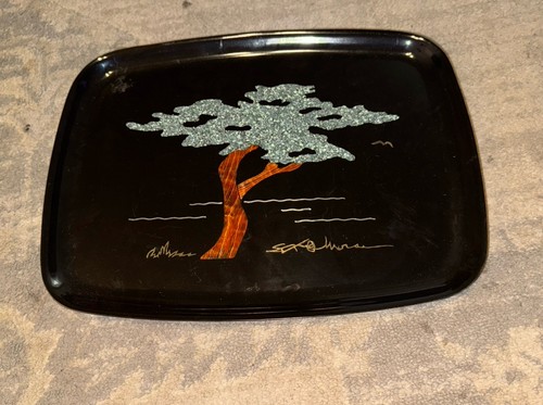 Vintage Couroc Monterey Cypress Tree Serving Tray Wood Inlaid Black MCM 12.5”