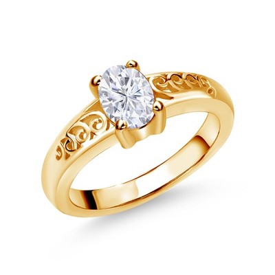 18K Yellow Gold Plated Silver Solitaire Ring Oval Moissanite (0.90 Cttw)