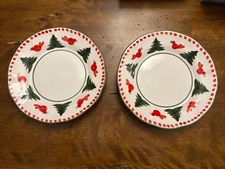 VIETRI UCCELLO ROSSO CHRISTMAS TREES BIRDS ITALY SOLIMENE Salad Plates Lot Of 2