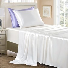 Satin Sheets Twin XL Size - 3 Pieces Luxury Silky Soft Bed Sheets, Wrinkle-White