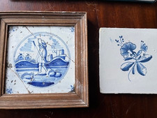 Two antique Dutch tiles, Delft blue, marked all over