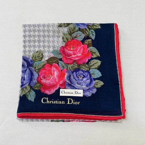 Mouchoir Christian Dior coton 47 cm 18" carré fleur bleu marine