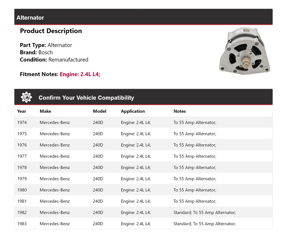 For 1974-1983 Mercedes 240D 2.4L L4 Bosch Alternator (Remanufactured) 1975 1976 - Image 2 of 4