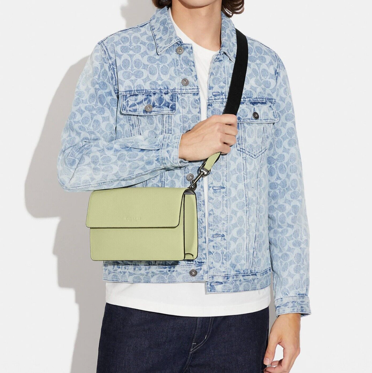 Coach Turner Leather Flap Crossbody Bag in Pale Lime Green C9971