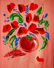 FLOWERS  ORIGINAL OIL PAINTING ABSTRACT MODERN ART RED BLUE GT4GG