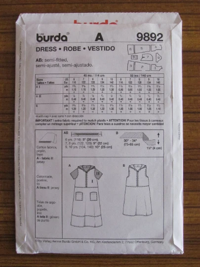 BURDA PATTERN - 9892 GIRLS DRESS FRONT ZIPPER SLEEVELESS HOOD 6-10 UNCUT - Image 2 of 2