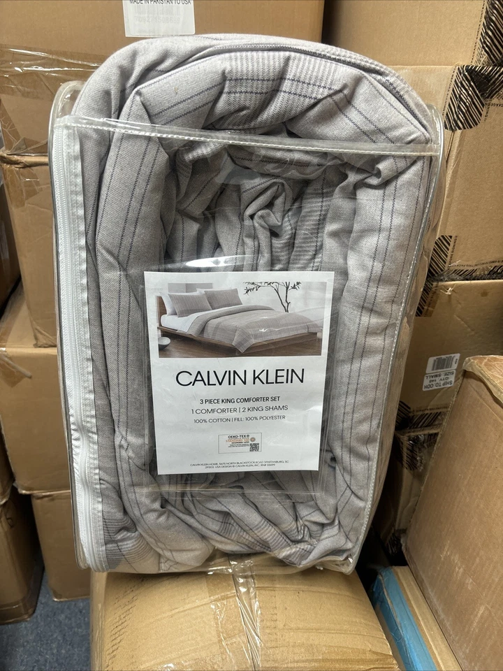 Juego de edredón a rayas reversibles de algodón Calvin Klein de 3 piezas gris a rayas KING Foto 3 de 4