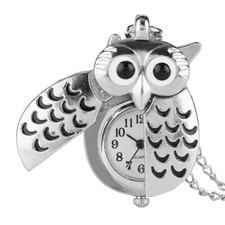 Silver Owl Quartz Pocket Watch with Silver-Tone Fob Chain for Birthday Gifts