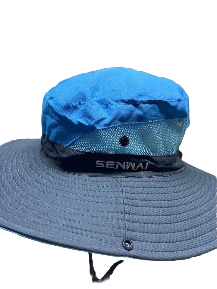 Chapéu Senwai Outdoor Sun Bucket Malha Azul Cinza Tamanho Único Pesca Caminhada Rabo de Cavalo - Imagem 3 de 4