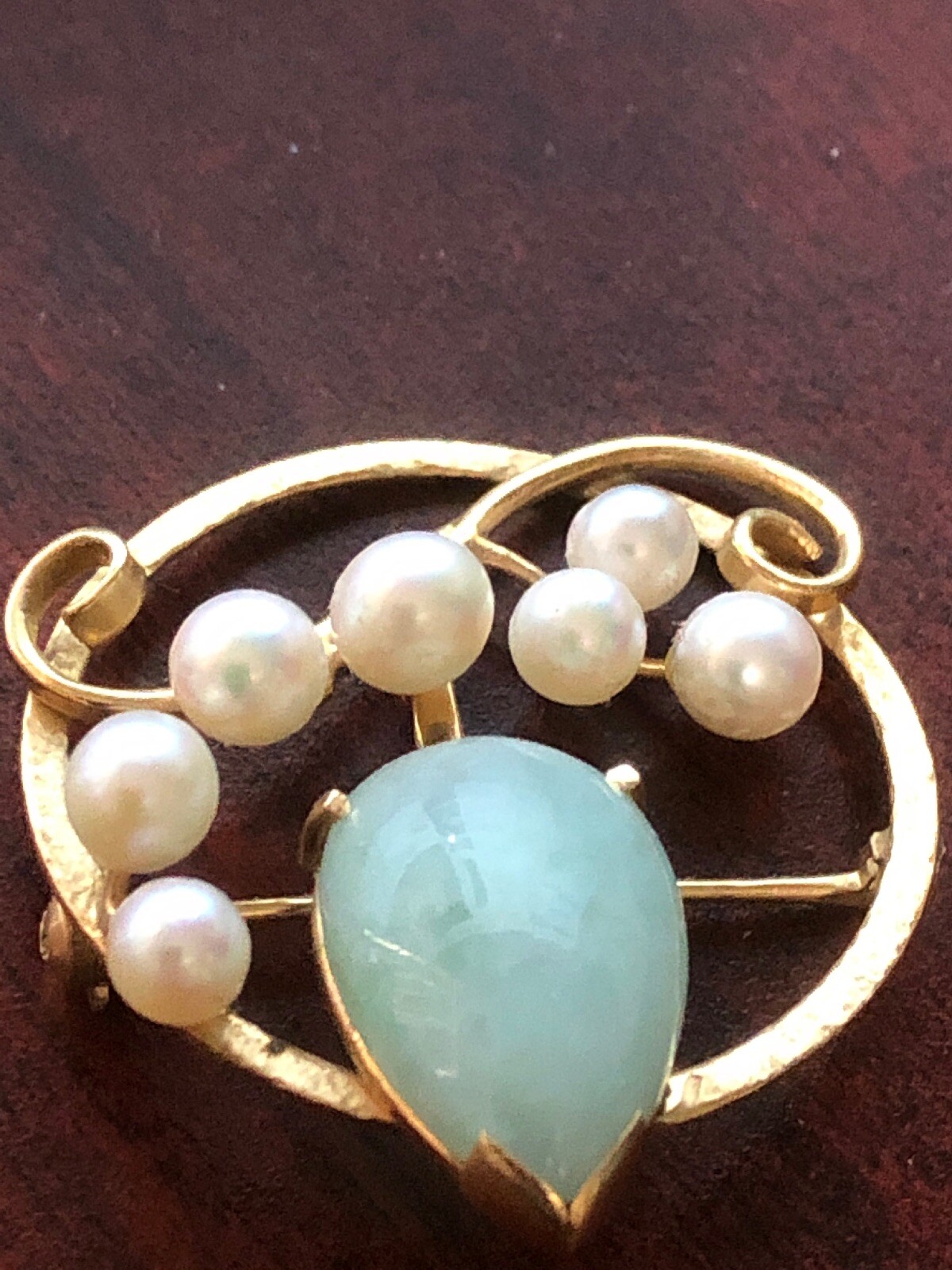 MING'S HAWAII JADE PEARL LEAF BROOCH PIN 14K YELLOW GOLD MINGS JEWELRY