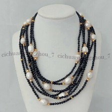 7 Strands 3mm Faceted Black Spinel 11-13mm White Rice Pearl Necklace 18-22''