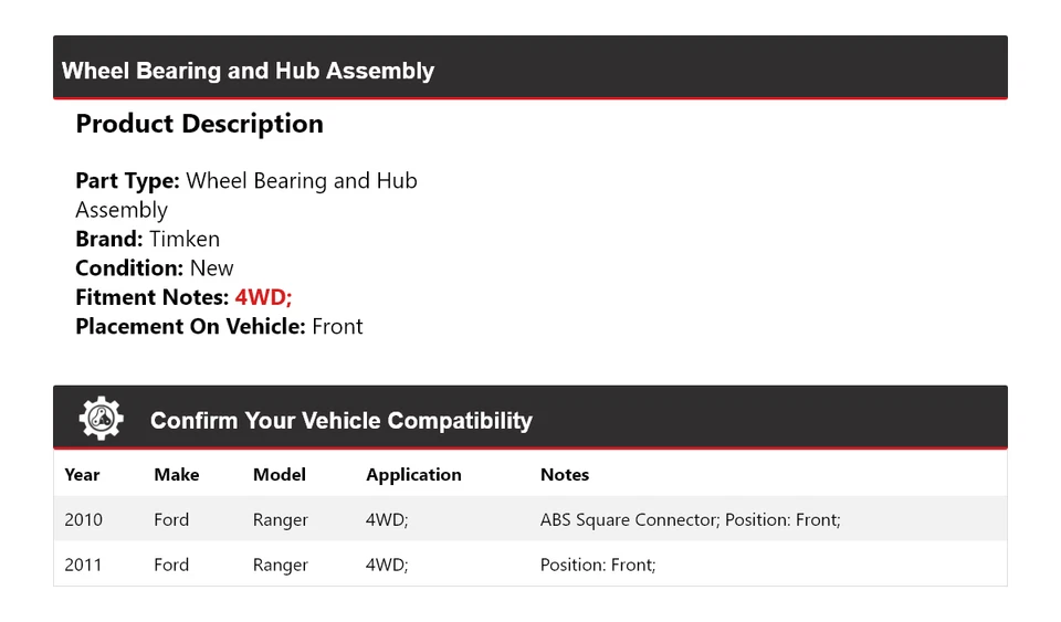 Conjunto de cojinete de rueda y buje delantero Timken para Ford Ranger 2010-2011 4x4 Foto 2 de 4