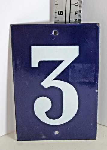 House Number 3 Plaque Enamel Over Metal Blue