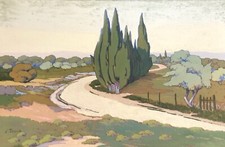 Paysage de Villeneuve les Avignon gouache Par J Thibaud Provence France