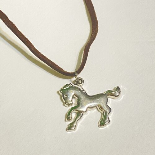 Lia Sophia Brown Leather Cord Adjustable Necklace Silver Tone Metal Horse Pony