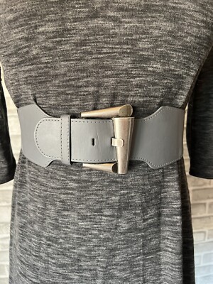 Wide Elastic S Gray Stretch Dress Belt Silver Metal Buckle Classic Waist  Band