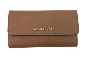 Michael Kors Jet Set Travel Large Trifold Wallet Signature MK Brown Black Pink - Click1Get2 Price Drop