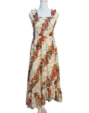 Maurices Midi Dress XS Ivory Floral Smocked Ruffle Strap Asymmetrical NWOT