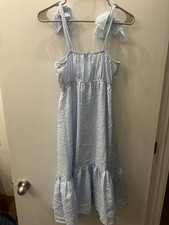 CUTE! Aqua SMALL Midi Light Blue/White Striped Dress with Ruffles