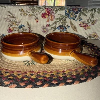Vtg.  CHEF s  2  Stoneware Soup Crocks W Handles Brown Beige Baking Oven Safe