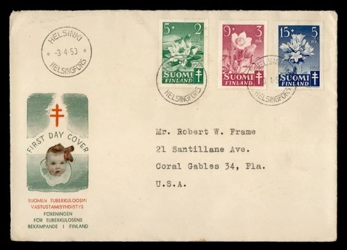 DR WHO 1950 FINLAND FDC TB FLOWER SEMI POST COMBO M68425