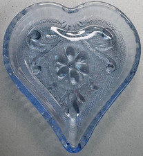 Vintage Blue Glass Heart Shaped Ashtray Trinket Dish Floral 3.25"