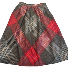 Vintage Koret Red Grey Plaid Pleated Midi Skirt A-Line Wool Blend Women 25 waist
