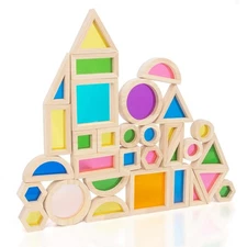 Wood Building Blocks Set for Kids, 32 Pcs Rainbow Stacker Stacking Game Const...