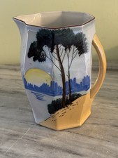 octagonal hand-painted Vintage Japanese Lusterware Octagonal Pitcher with Hand-Painted Cottage & Floral Scene — listing 6