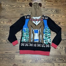 Ugly Christmas Sweater Reindeer Party Sz XL Antler Hood Unisex