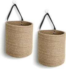 Hanging Basket 2 Pack, Small Wicker Wall Baskets for Organizing, Woven Boho Wall