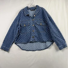 DG2 Diana Gilman Denim Jacket Womens L Blue Diamond Laser Cropped Relaxed Hi Low