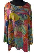 John Mark Shirt Multicolor Floral Print Tunic Top SZ XL Ruffle Sleeve Boho Artsy